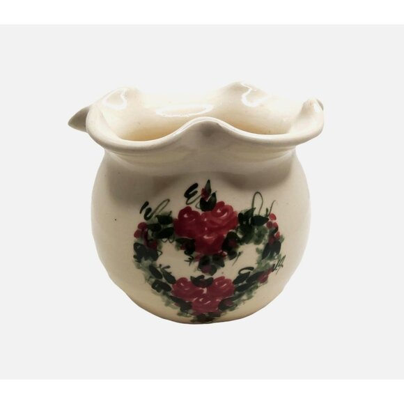 Vintage Heavy hand thrown pottery Planter,Vase beige with ruffle edge rose heart - Picture 11 of 13